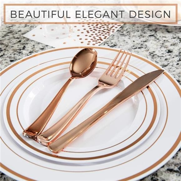 250Piece Disposable Rose Gold Plastic Dinnerware Set-50 Rose Gold Plastic Plates - Picture 4 of 6